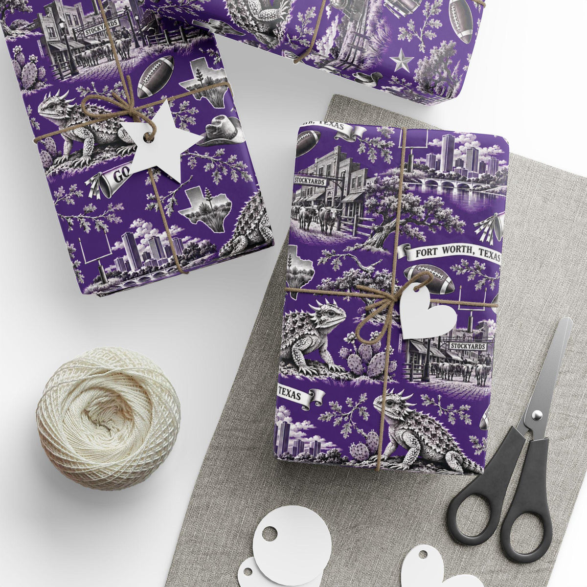 Fort Worth, Texas Football Toile Wrapping Paper: Purple and White Gift Wrap