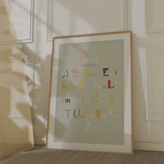 Paris alphabet poster propped against a wall 
