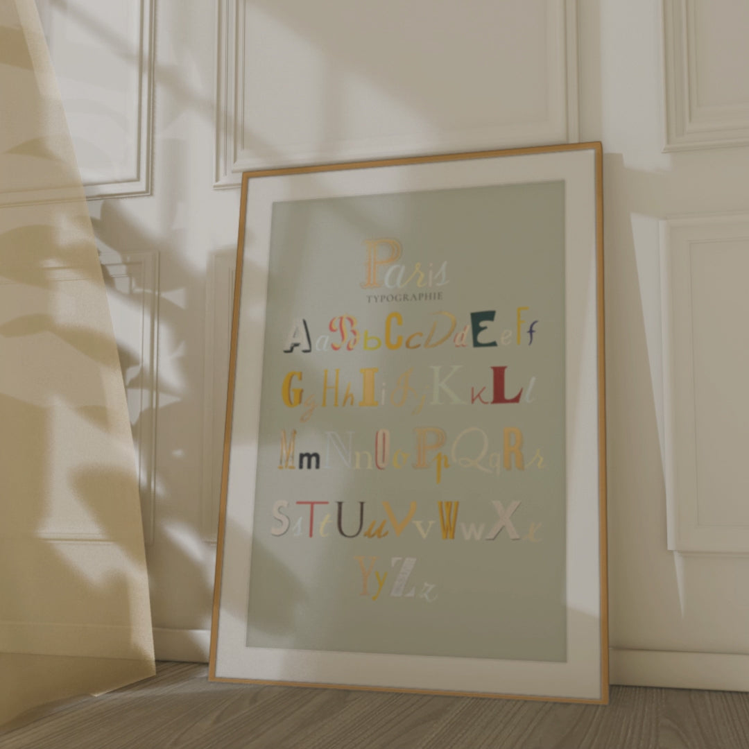 Paris alphabet poster propped against a wall 
